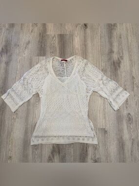 Tape Measure Lace Knit Top with Built-In Cami Size Small Cream Boho